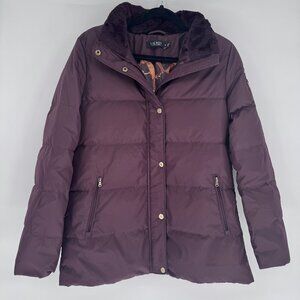 Lauren Ralph Lauren Plum Puffer Jacket Medium Equestrian Print Lining Faux Fur